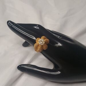 Gold Floral Ring with Crystal Center